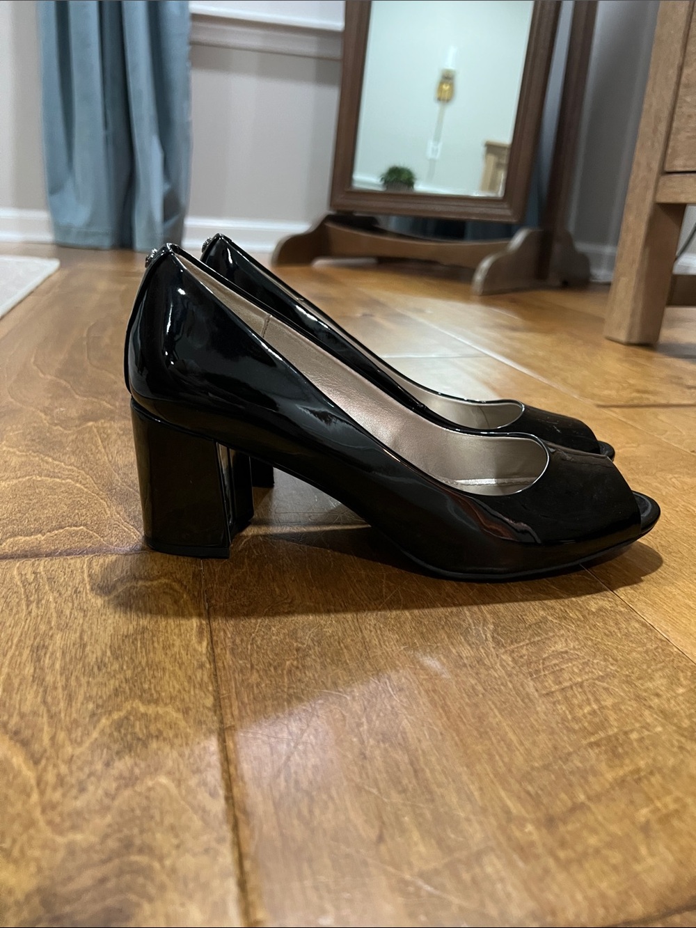 Anne Klein Black Patent Peep-Toe Block Heels